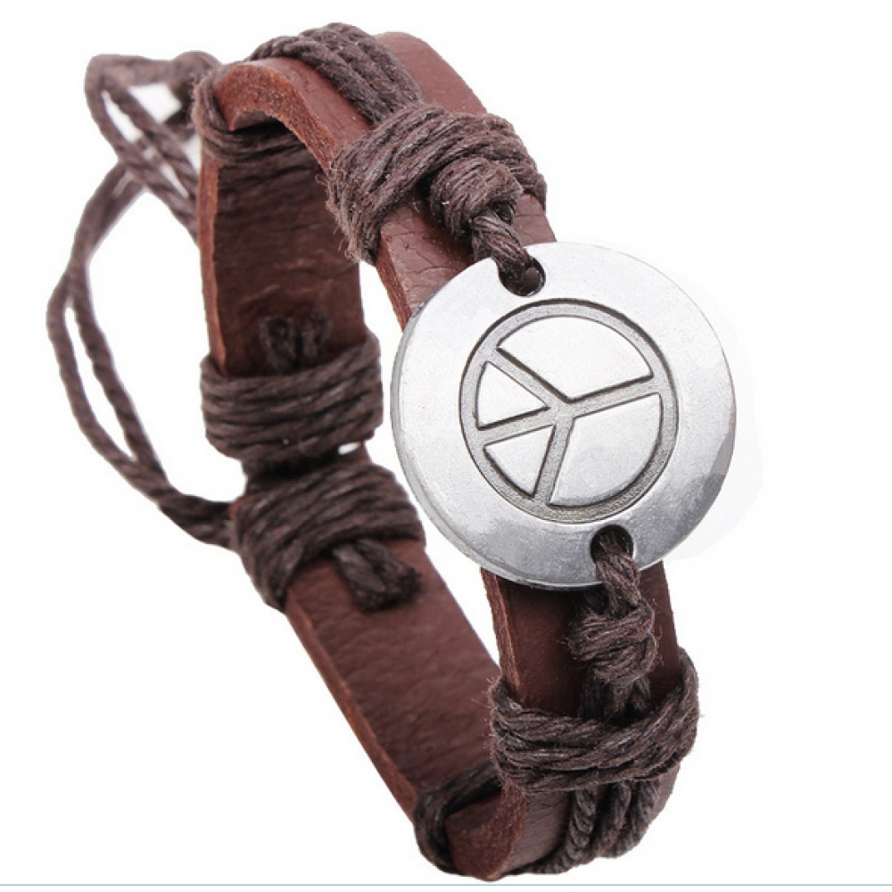 Фото 1Кожаный браслет на завязках Peace коричневый