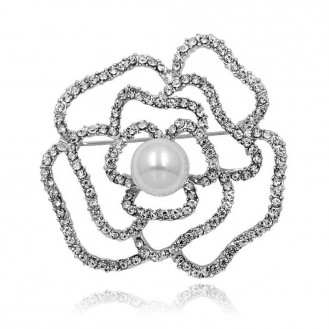 Брошь женская BROCHE бижутерия с белыми кристаллами Перла Цветок серебристая BRSF110617
