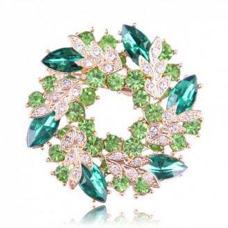 Брошь женская BROCHE бижутерия с кристаллами Венец из листьев BRBF110443 зелёная
