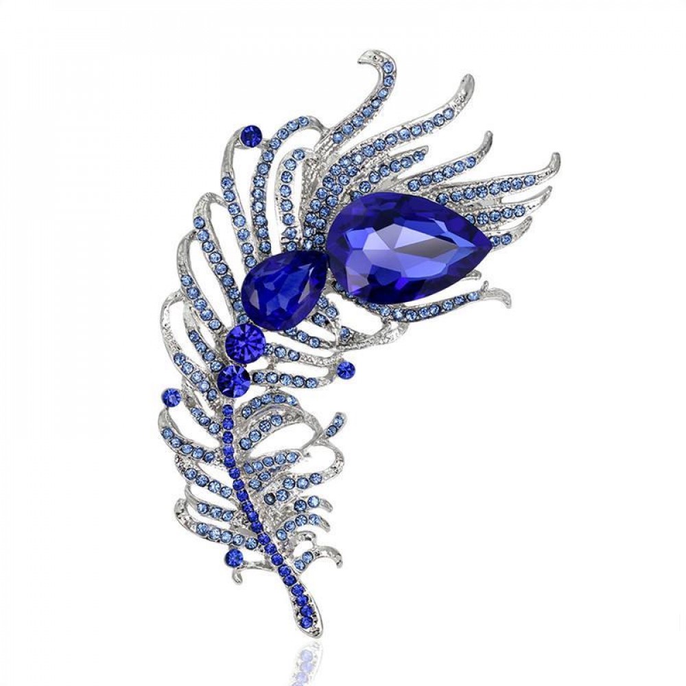 Крупная брошь женская BROCHE бижутерия с кристаллами Перо BR110662 синяя