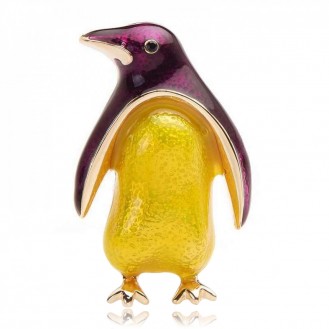 Брошь женская BROCHE бижутерия с эмалью Птицы Пингвин жёлто-фиолетовая BRSF110950