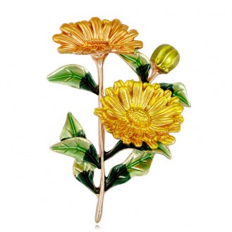 Брошь-кулон женская BROCHE бижутерия с эмалью Цветы Хризантемы BR110722 жёлтая
