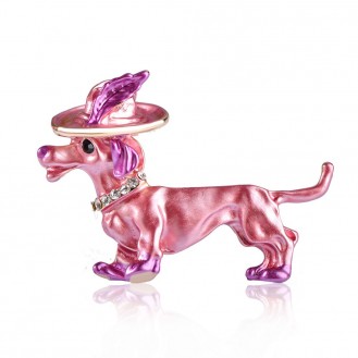 Брошь женская BROCHE бижутерия Животные Собаки Такса в шляпке розовая BRSF110865
