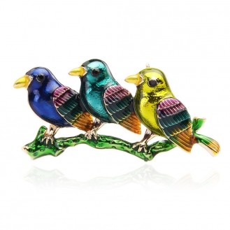 Брошь-кулон женская BROCHE бижутерия с эмалью Три Птички на ветке разноцветная BRSF110949