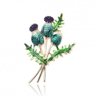Брошь-кулон женская BROCHE бижутерия с эмалью Цветы Чертополох зелёная BRSF110953