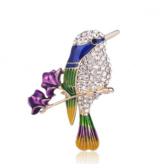 Брошь женская BROCHE бижутерия с эмалью Птица на ветке с фиолетовыми цветками BRSF110969
