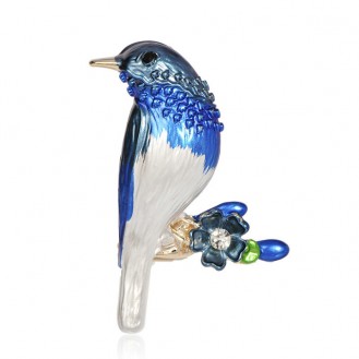 Брошь женская BROCHE бижутерия с эмалью Птица с цветком синяя BRSF110977