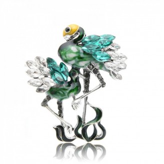 Брошь женская BROCHE бижутерия с эмалью Птицы Танцующие Фламинго зелёная BRBF111042