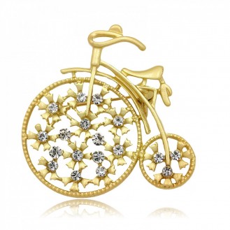 Брошь женская BROCHE бижутерия с белыми кристаллами Велосипед Ретро золотистая BRSF110341