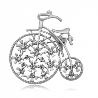 Брошь женская BROCHE бижутерия с белыми кристаллами Велосипед Ретро серебристая BRSF110342