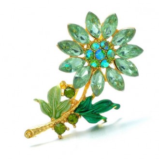 Брошь женская BROCHE бижутерия с кристаллами Хрустальный Цветок BR110602 зелёная