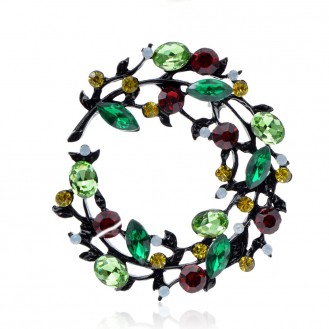 Брошь-кулон женская BROCHE бижутерия с кристаллами Цветы Венок зелёная BRBF111298