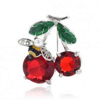 Брошь женская BROCHE бижутерия Насекомые Вишня красная с пчелой BRBF111433