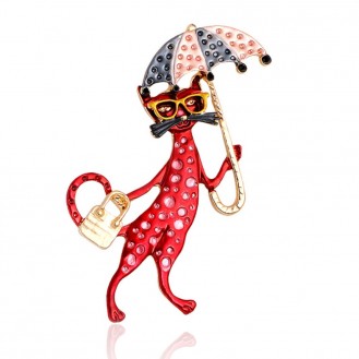 Брошь-кулон женская BROCHE бижутерия с эмалью Животные Кошка под зонтом красная BRBF111440