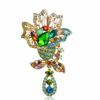 Брошь женская BROCHE бижутерия с кристаллами Райский Цветок зелёная BRBF111865