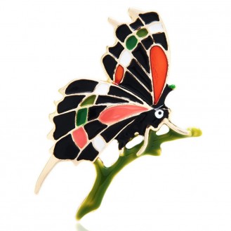 Брошь-кулон женская BROCHE бижутерия с эмалью Насекомые Бабочка на ветке чёрная BRBF111955