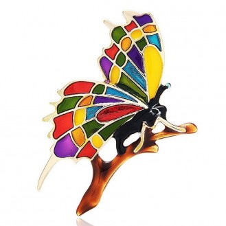 Брошь-кулон женская BROCHE бижутерия с эмалью Насекомые Бабочка на ветке разноцветная BRBF111956
