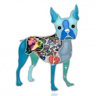 Брошь женская BROCHE бижутерия с эмалью Животные Собаки Бостон-терьер голубая BRSF112076