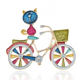 Брошь-кулон женская BROCHE бижутерия Животные Кот на велосипеде синяя BRBF112191