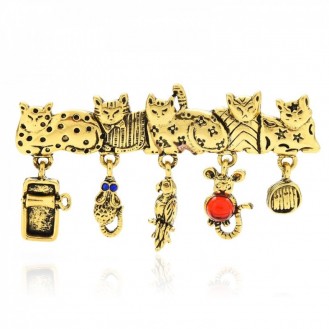 Брошь женская BROCHE бижутерия Животные Кошки с подвесками золотистая BRBF113116