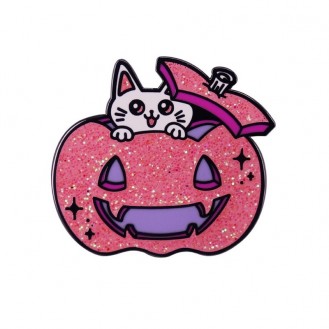 Брошь-значок женская BROCHE бижутерия Хэллоуин Котёнок в тыкве розовая BRGV113235