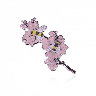 Брошь-значок женская BROCHE бижутерия Ветка вишни с пчёлами розовая BRGV113322
