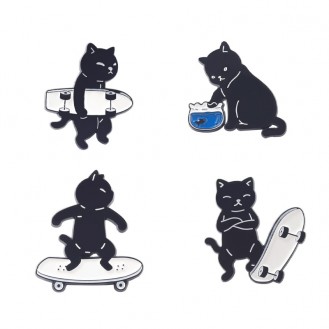 Комплект значков BROCHE брошки бижутерия Животные Скейтбординг Коты на скейте чёрный BRGV113583