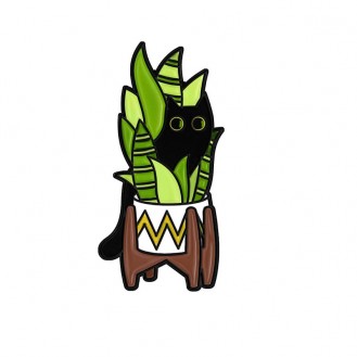 Брошь-значок женская BROCHE бижутерия Животные Кот в цветочном горшке зелёная BRGV113645