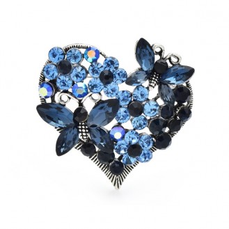 Брошь женская BROCHE бижутерия Сердце с бабочками синяя BRBF113674