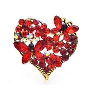 Брошь женская BROCHE бижутерия Сердце с бабочками красная BRBF113673