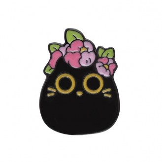 Брошь-значок BROCHE бижутерия Животные Кошка с цветами чёрная BRGV114195
