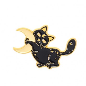 Брошь-значок BROCHE бижутерия Животные Котёнок с луной чёрная BRGV114203