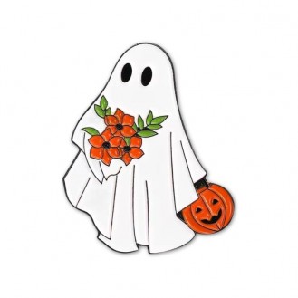 Брошь-значок BROCHE бижутерия Хэллоуин Привидение с букетом белая BRGV114288