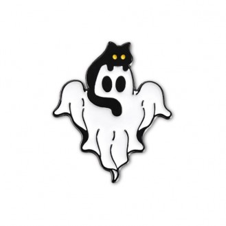 Брошь-значок BROCHE бижутерия Хэллоуин Привидение и кот белая BRGV114234