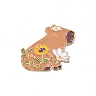Значок (пин) BROCHE брошь бижутерия Животные Капибара с цветами коричневый BRGV114606