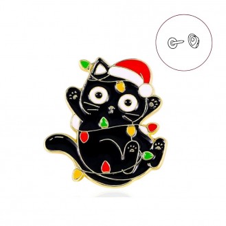 Значок (пин) BROCHE брошь бижутерия Животные Рождественский Котик в шапочке чёрный BRGV114613