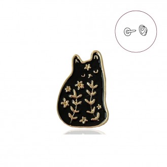 Значок (пин) BROCHE брошь бижутерия Животные Спящий Котёнок с цветами чёрный BRGV114764