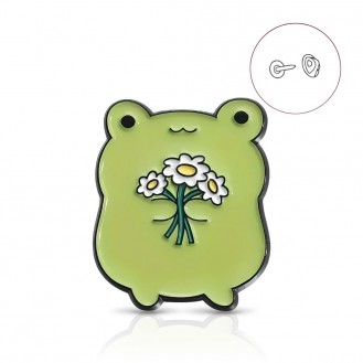 Брошь-значок BROCHE бижутерия Лягушка с ромашками зелёная BRGV115006
