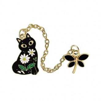 Двойной значок BROCHE брошь бижутерия Животные Кошка со стрекозой чёрно-золотистый BRGV115100