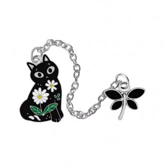 Двойной значок BROCHE брошь бижутерия Животные Кошка со стрекозой чёрно-серебристый BRGV115098