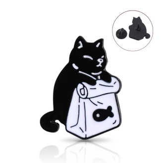 Значок (пин) BROCHE брошь бижутерия Животные Котик с пакетом чёрный BRGV115162