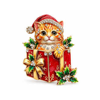Брошь BROCHE Животные Котёнок с подарком в шапке Санты оранжевая BRBF115651