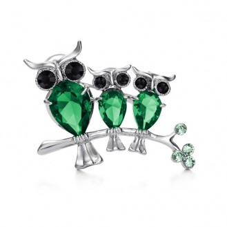 Женская брошь BROCHE бижутерия с зелёными кристаллами Птицы Совы Буисон BRSF157986