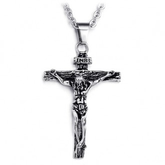 Мужской крестик с цепочкой VELI бижутерия из нержавеющей медицинской стали Распятие Иисуса серебристый 152854