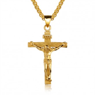 Мужской крестик с цепочкой VELI бижутерия из нержавеющей медицинской стали Распятие Иисуса золотистый 182075