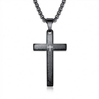 Мужской нательный крест с цепочкой VELI из медицинской стали с молитвой чёрный P0270249