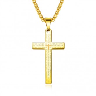 Мужской нательный крест с цепочкой VELI из медицинской стали с молитвой золотистый P0270248