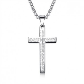 Мужской нательный крест с цепочкой VELI из медицинской стали с молитвой серебристый P0270247