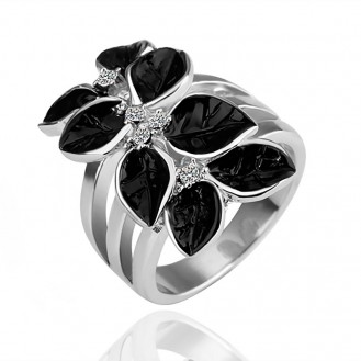 Женское кольцо с чёрной эмалью в позолоте Восточный цветок 154987 18K White Gold Plated