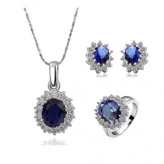Комплект бижутерии VELI (кулон с цепочкой + кольцо + серьги) с синим камнем Диана 156029